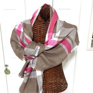 NWOT Large Oblong Light Brown/Pink/White Plaid Scarf by MixIt
